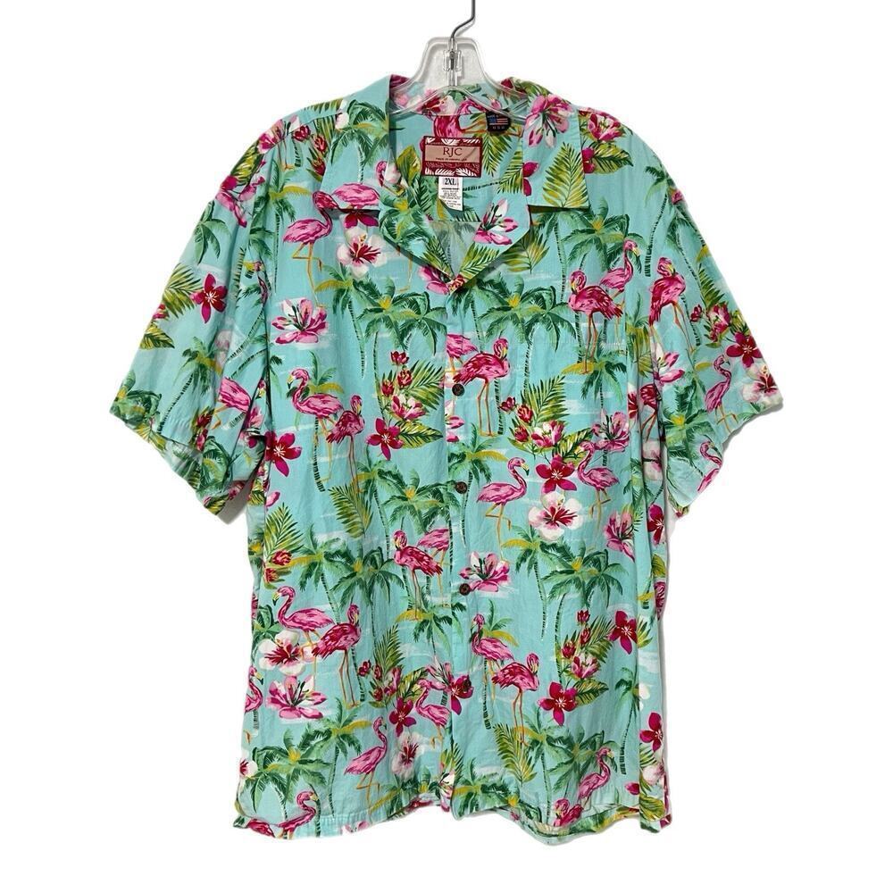 RJC Hawaiian Shirt Mens 2XL Flamingo Palm Tree Aloha Made in Hawaii USA Cotton